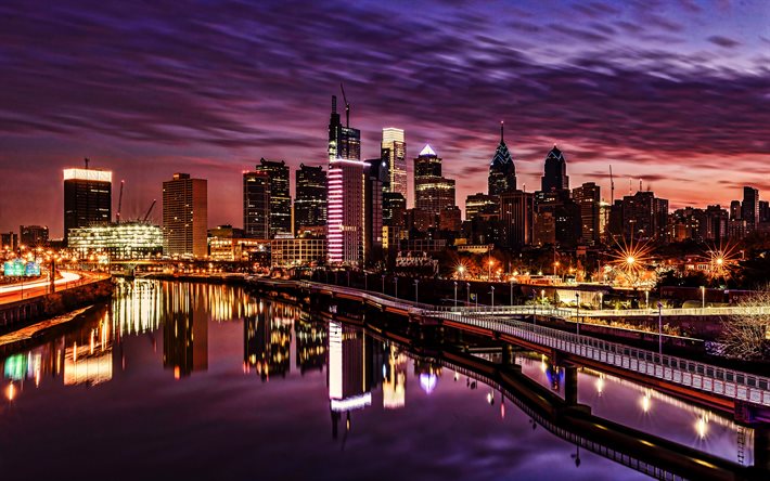 Filadelfia, 4k, paisajes nocturnos, ciudades de estados unidos, Pennsylvania, estados unidos, Filadelfia por la noche, estados UNIDOS, Ciudad de Filadelfia, en las Ciudades de Pennsylvania