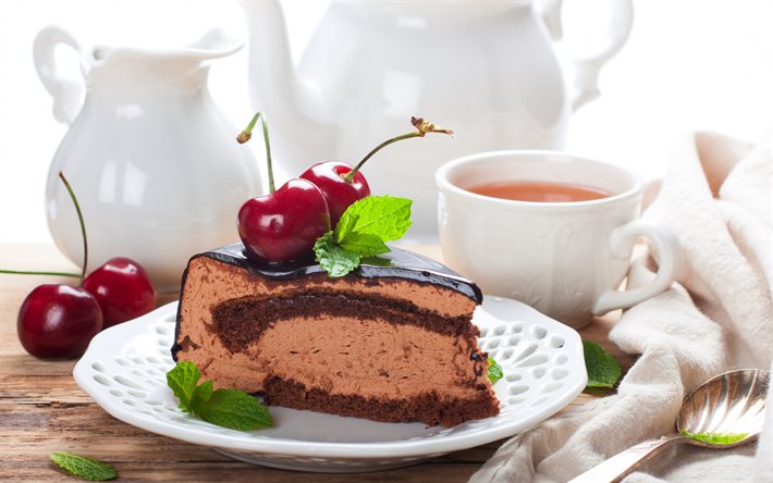 chocolate cake, sweets, chocolate dessert, cakes, cherry cake, tea, white cup