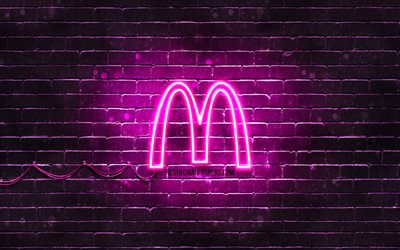 McDonalds mor logo, 4k, mor brickwall, McDonalds logosu, marka, logo, neon McDonalds, McDonalds
