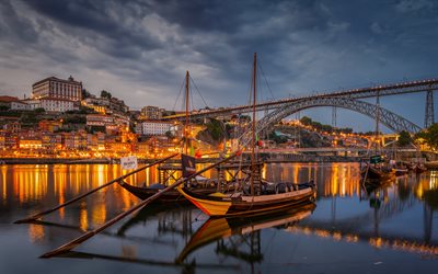 Dom Luis I Bridge, Vila Nova de Gaia, Douro River, evening, sunset, sailboats, bay, Porto, Portugal