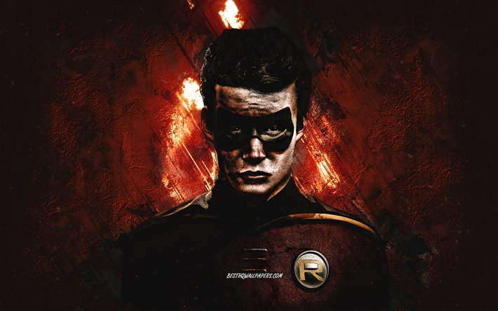 Robin, superhero, DC Comics, portrait, red stone background, creative art, Brenton Thwaites