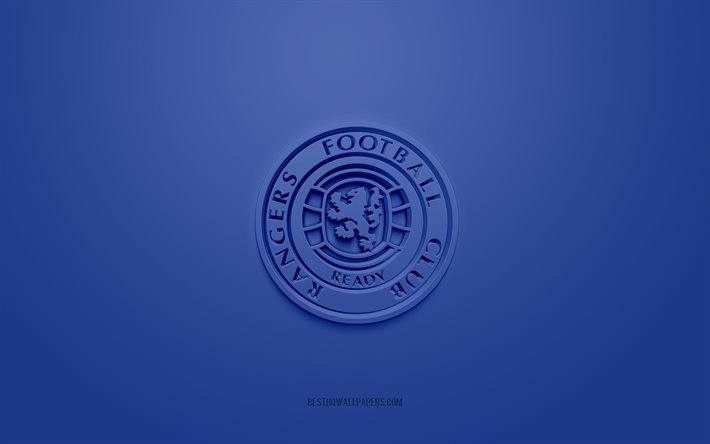 Rangers FC, logo 3D creativo, sfondo blu, emblema 3d, squadra di calcio scozzese, Premiership scozzese, Glasgow, Scozia, arte 3d, calcio, logo Rangers FC 3d