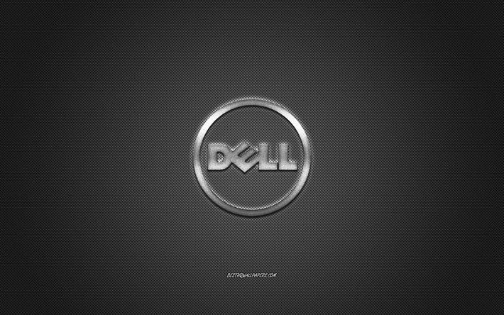 Dell round logo, white carbon background, Dell white metal logo, Dell white emblem, Dell, white carbon texture, Dell logo