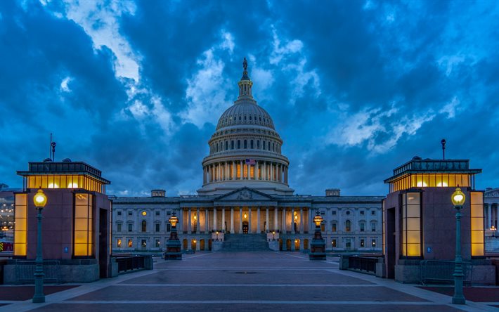 United States Capitol, Washington, evening, sunset, Capitol Building, United States Congress, USA flag, American flag, USA