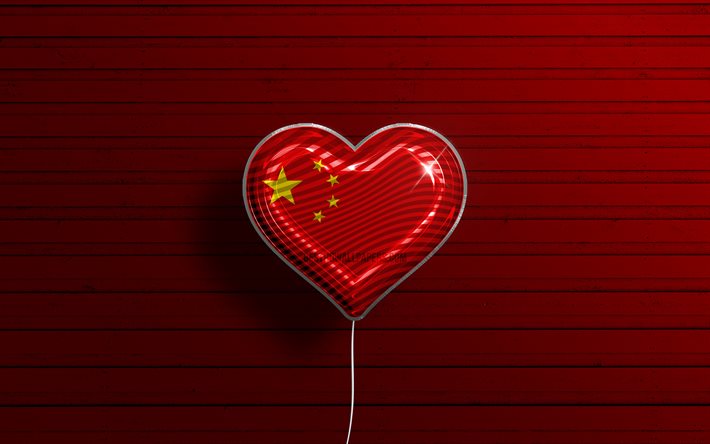 Rakastan Kiinaa, 4k, realistiset ilmapallot, punainen puinen tausta, Aasian maat, kiinalainen syd&#228;n, suosikki maat, Kiinan lippu, ilmapallo lipulla, Kiina, Love China