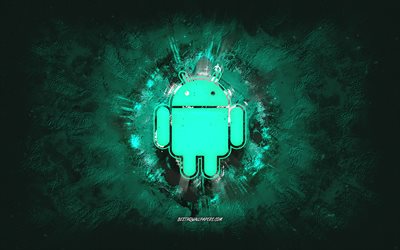 Android logo, grunge art, turquoise stone background, Android turquoise logo, Android, creative art, turquoise Android grunge logo