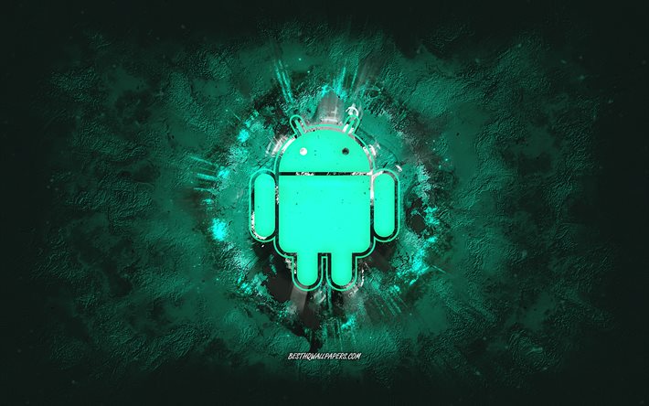 Logotipo do Android, arte grunge, fundo de pedra turquesa, logotipo do Android, logotipo Android turquesa, Android, arte criativa, logotipo turquesa do Android grunge