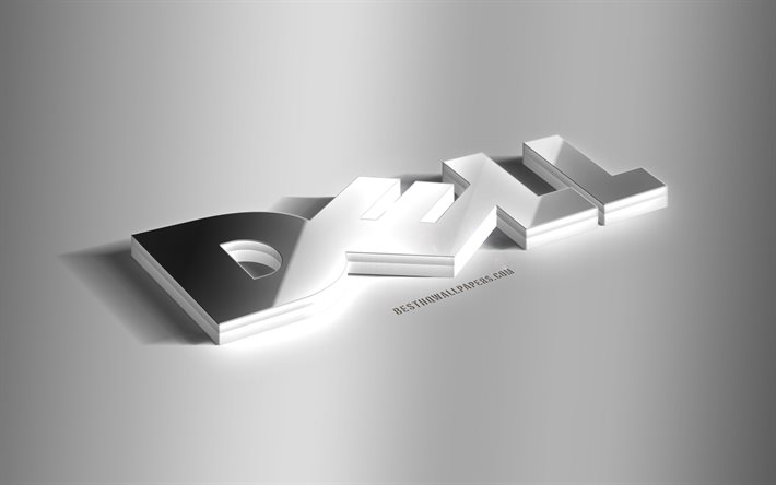 Logo Dell argento 3D, logo Dell, sfondo grigio, logo 3D Dell, logo argento Dell, Dell