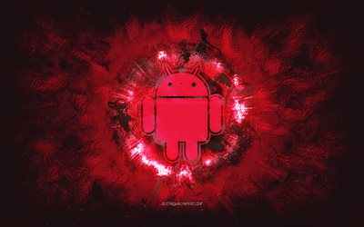 Logo Android, sfondo di pietra rosa, arte grunge, logo Android, logo rosa Android, Android, arte creativa, logo grunge rosa Android