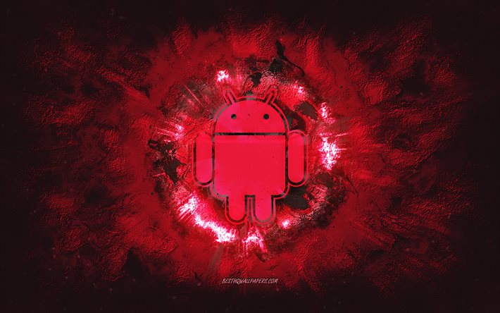 Android-logo, vaaleanpunainen kivitausta, grunge-taide, Android-vaaleanpunainen logo, Android, luova taide, vaaleanpunainen Android-grunge-logo