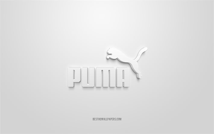 Puma logo, white background, Puma 3d logo, 3d art, Puma, brands logo, white 3d Puma logo