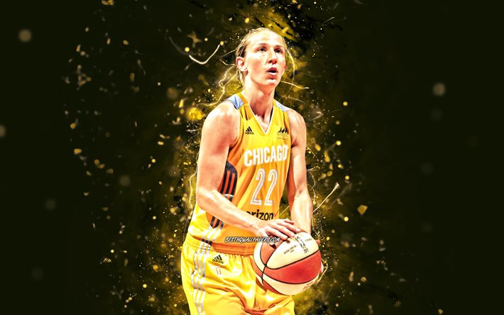 Courtney Vandersloot, 4k, sarı neon ışıklar, Chicago Sky, WNBA, basketbol, yaratıcı, Courtney Vandersloot Chicago Sky, Courtney Vandersloot 4K
