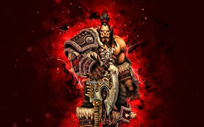 Grommash Hellscream, 4k, 赤いネオンライト, World of Warcraft, グローム, すごい, monstr, World of Warcraft Shadowlands, Grommash Hellscream World of Warcraft