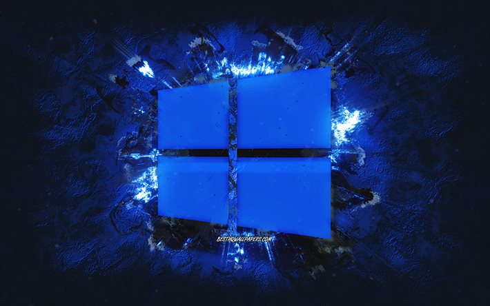 windows-logo, grunge-kunst, blauer steinhintergrund, windows 10-logo, windows-blau-logo, windows, kreative kunst, blaues windows 10-logo