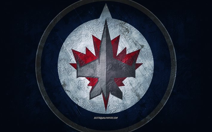 Winnipeg Jets, squadra di hockey canadese, sfondo di pietra blu, logo Winnipeg Jets, arte grunge, NHL, hockey, Canada, USA, emblema di Winnipeg Jets
