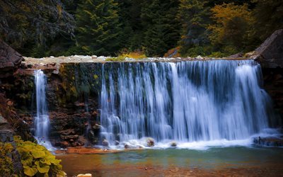 Waterfall, 山の川, 森，森林, 美しい滝, 河川, 山地