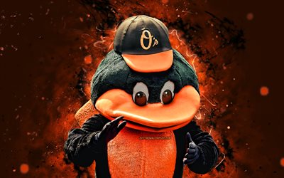 The Oriole Bird, 4k, mascote, Baltimore Orioles, luzes de n&#233;on laranja, MLB, mascote Baltimore Orioles, mascotes MLB, mascote oficial, mascote The Oriole Bird
