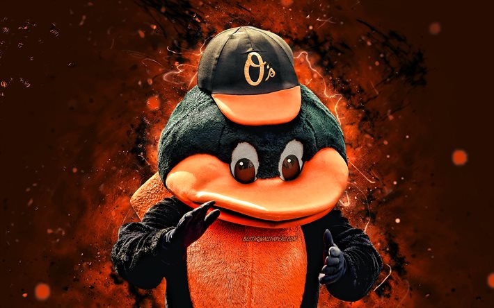 The Oriole Bird, 4k, mascotte, Baltimore Orioles, luci al neon arancioni, MLB, mascotte Baltimore Orioles, mascotte MLB, mascotte ufficiale, mascotte The Oriole Bird