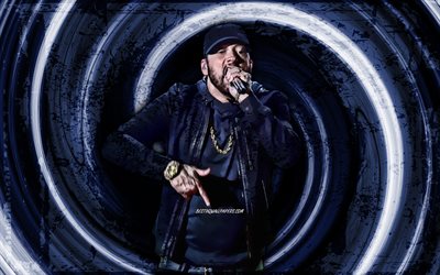 4k, Eminem, fond bleu grunge, rappeur am&#233;ricain, stars de la musique, Eminem avec microphone, vortex, Marshall Bruce Mathers III, cr&#233;atif, Eminem 4K