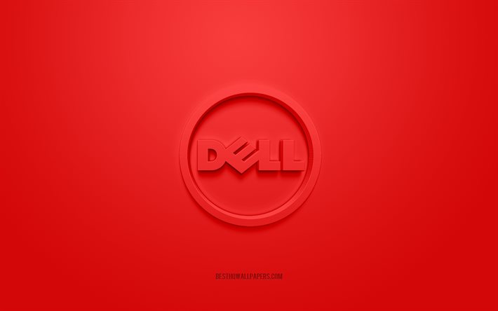 デルの丸いロゴ, 赤い背景, デルの3Dロゴ, 3Dアート, デル, ブランドロゴ, デルのロゴ, 赤の3Dデルロゴ