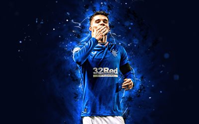 Ianis Hagi, 4k, luzes de n&#233;on azuis, Rangers FC, jogadores de futebol romenos, futebol, Ianis Hagi 4K, Ianis Hagi Rangers