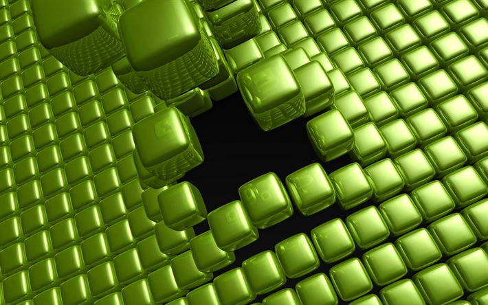 緑の立方体, 4k, 3Dキューブテクスチャ, 緑の背景, creative クリエイティブ, 正方形のテクスチャ, 3D正方形の背景