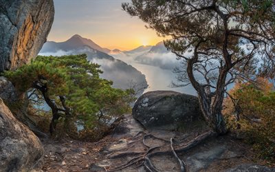 mountain landscape, river, morning, sunrise, fog, mountains, South Korea