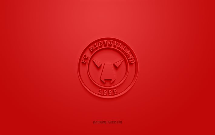 FC Midtjylland, logotipo 3D criativo, fundo vermelho, emblema 3D, clube de futebol dinamarqu&#234;s, Superliga dinamarquesa, Herning, Dinamarca, arte 3D, futebol, logotipo 3D do FC Midtjylland