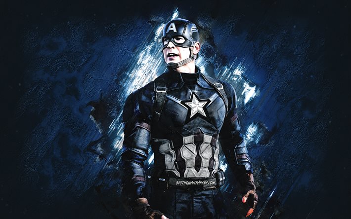 Captain America, Avengers, Infinity War, superhj&#228;lte, bl&#229; sten bakgrund, Avengers karakt&#228;rer, Chris Evans, grunge konst, Captain America Avengers