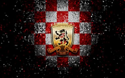 Middlesbrough FC, glitter logo, EFL Championship, red white checkered background, soccer, english football club, Middlesbrough logo, mosaic art, football, Middlesbrough