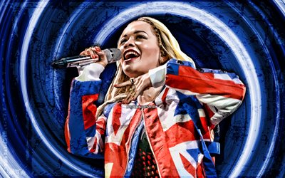 4k, Rita Ora, blue grunge background, american singer, music stars, vortex, Rita Ora with microphone, Rita Sahatciu Ora, creative, Rita Ora 4K