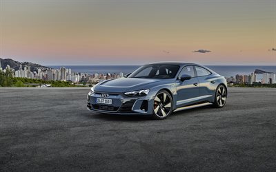 Audi E-Tron GT Quattro, 2022, 4k, vista frontal, cupê elétrico, novo E-Tron GT Quattro azul, carro esportivo elétrico, Audi