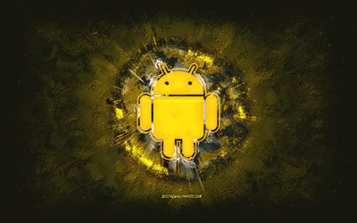 Android-logo, grunge-taide, keltainen kivitausta, Android-keltainen logo, Android, luova taide, keltainen Android-grunge-logo