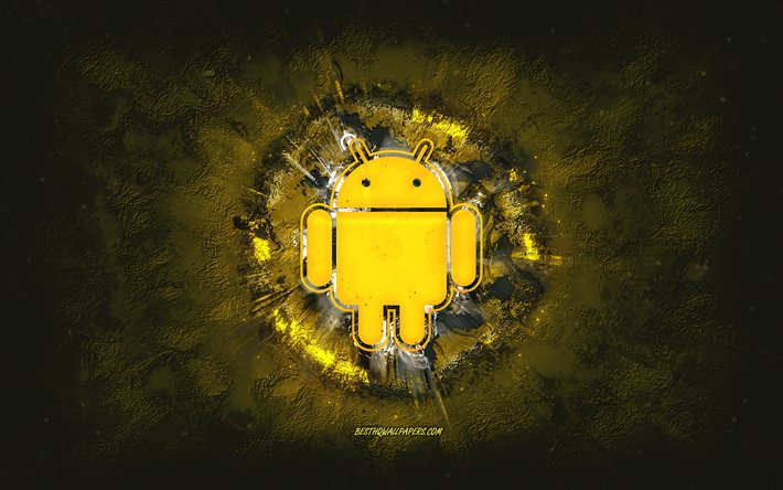 Logo Android, art grunge, fond de pierre jaune, logo Android, logo jaune Android, Android, art cr&#233;atif, logo grunge Android jaune