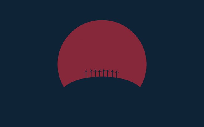 lune rouge, 4k, silhouettes de moulins &#224; vent, minimal, fond gris, parc &#233;olien, minimalisme de la lune
