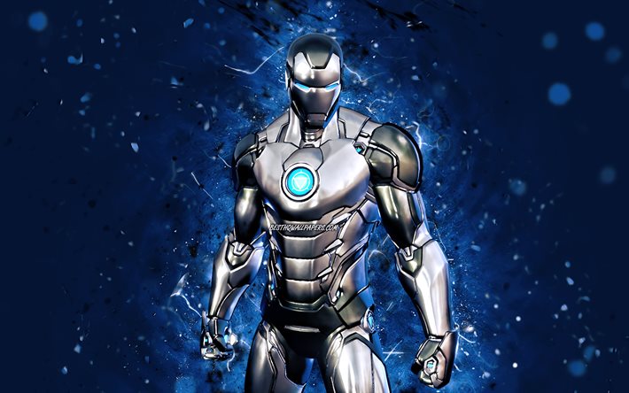 Silver Foil Iron Man, 4k, purple neon lights, 2021 games, Fortnite Battle Royale, Fortnite characters, Silver Foil Iron Man Skin, Fortnite, Silver Foil Iron Man Fortnite