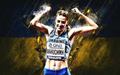 Yaroslava Mahuchikh, Ukrainian high jumper, Ukraine flag, grunge art, portrait, Ukrainian flag, Ukrainian athletes
