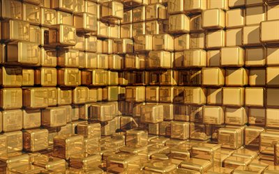 kultaiset kuutiot, 4k, 3D-kuutioiden rakenne, kultaiset taustat, luovat, neli&#246;m&#228;iset tekstuurit, 3D-neli&#246;iden tausta