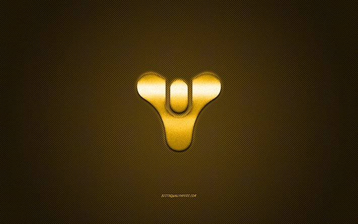 Destiny, gioco popolare, logo giallo Destiny, sfondo giallo in fibra di carbonio, logo Destiny, emblema Destiny