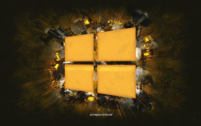 Windows logo, grunge art, yellow stone background, Windows 10 logo, Windows yellow logo, Windows, creative art, yellow Windows 10 logo