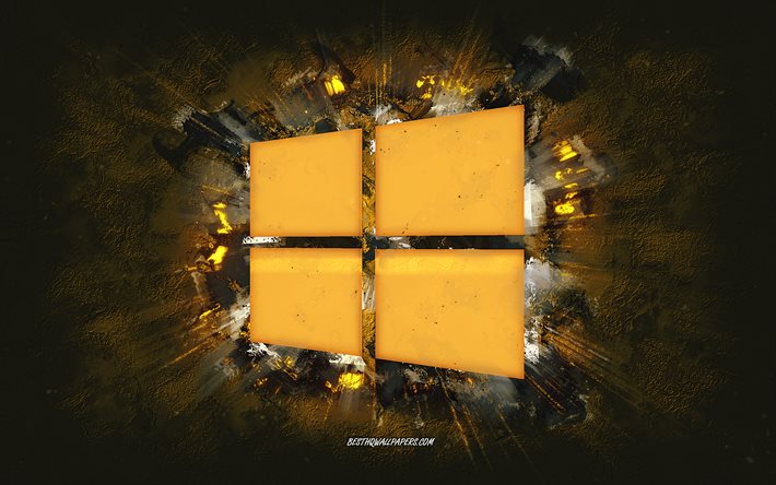 Windowsロゴ, グランジアート, 黄色い石の背景, Microsoft Windows 10, Windowsの黄色のロゴ, Windows, クリエイティブアート, 黄色のWindows10ロゴ