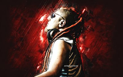 Yoji, Japanese DJ, Yoji Biomehanika, Mutant DJ, Biomehanika, portrait, red stone background