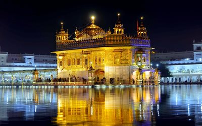 Altın Tapınak, 4k, gece manzaraları, Hint simge yapıları, Harmandir Sahib, Katra Ahluwalia, Amritsar, Pencap, Hindistan, Asya, Altın Tapınak geceleri