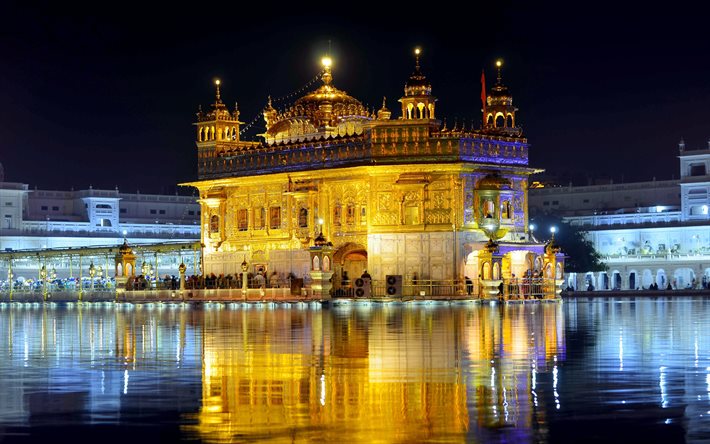 Golden Temple, 4k, nightscapes, indian landmarks, Harmandir Sahib, Katra Ahluwalia, Amritsar, Punjab, India, Asia, Golden Temple at night