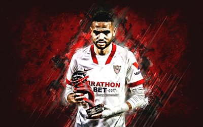 Youssef En Nesyri, Sevilla FC, moroccan football player, portrait, red stone background, football