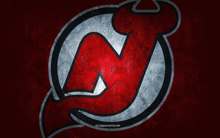 New Jersey Devils, amerikkalainen j&#228;&#228;kiekkojoukkue, punainen kivitausta, New Jersey Devils -logo, grunge-taide, NHL, j&#228;&#228;kiekko, USA, New Jersey Devils -tunnus