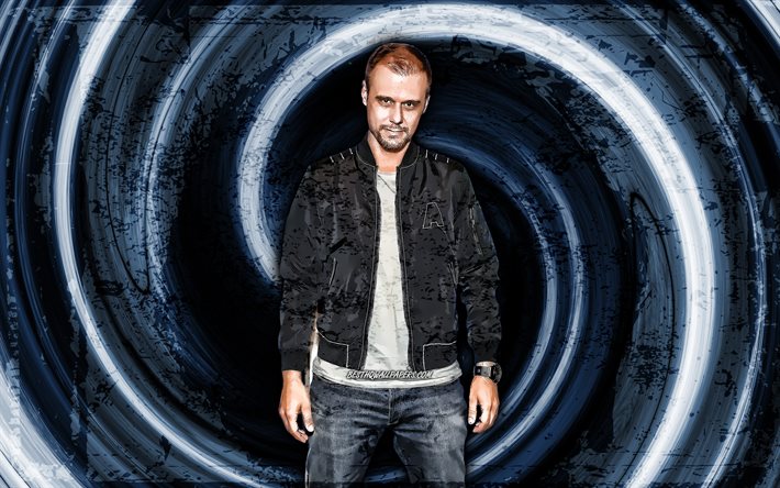 4k, Armin Van Buuren, blue grunge background, dutch DJs, music stars, vortex, creative, Armin Van Buuren 4K
