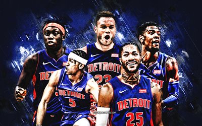 Detroit Pistons, American basketball team, NBA, blue stone background, basketball, Sekou Doumbouya, Derrick Rose, Blake Griffin, Josh Jackson