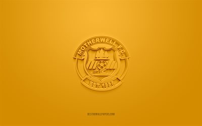 Motherwell FC, creative 3D logo, yellow background, 3d emblem, Scottish football club, Scottish Premiership, Motherwell, Scotland, 3d art, football, Motherwell FC 3d logo