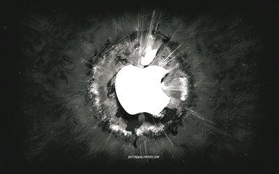 Logo Apple, art grunge, fond de pierre blanche, logo Apple, logo blanc Apple, Apple, art cr&#233;atif, logo blanc Apple grunge